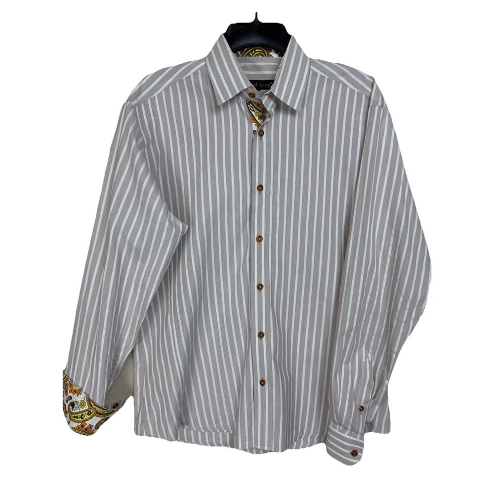 Jared Lang Men's Shirt Sz L Long‎ Sleeve Button Up Striped with Flipped Cuffs